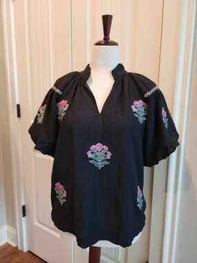 Umgee -Black Short Sleeve Blouse with Pink & Green Floral Embroidery-Small